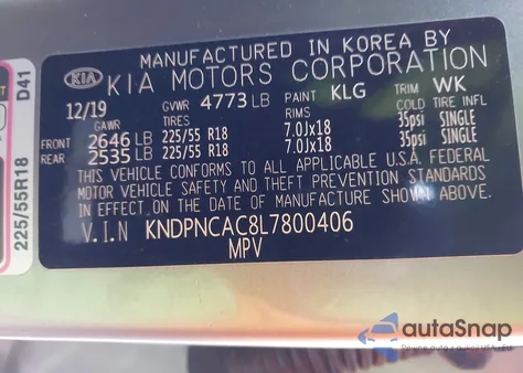 2020 Kia Sportage Ex из США, поврежденный, VIN KNDPNCAC8L7800406